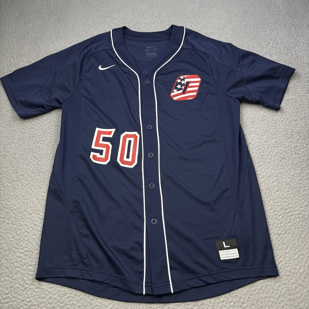 NIKE BASEBALL Jersey Mens Large Blue Vapor Dinger Dri-Fit Button Up 818542-420